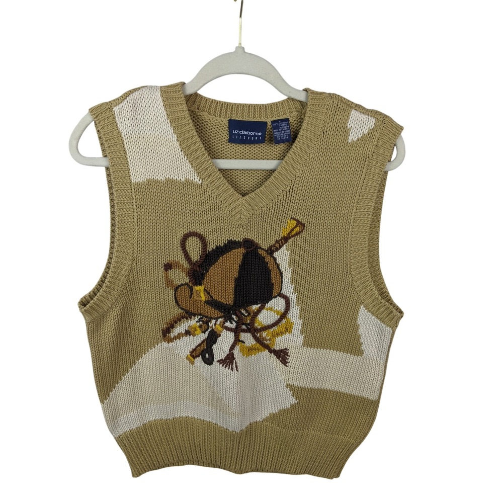 Liz Claiborne Lizsport Vintage Equestrian Knit‎ Sweater Vest Tan Cotton Large